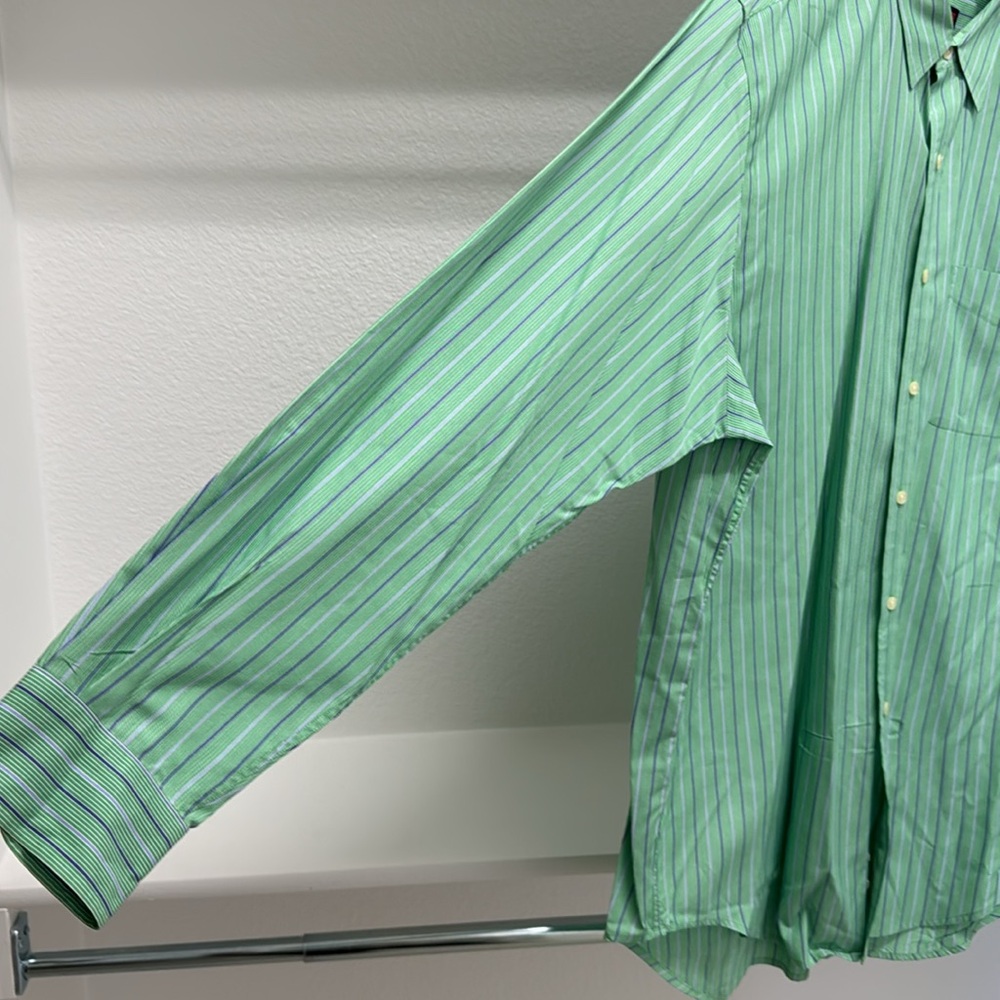 Austin Reed Men’s XL Button Down Long Sleeve Green Blue Stripe 100% Cotton Shirt - Picture 4 of 16
